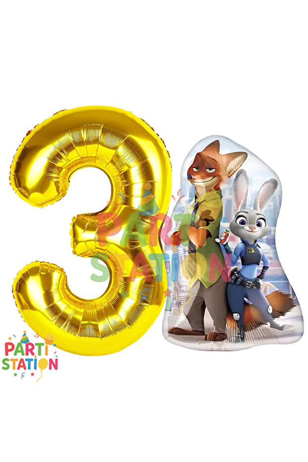 Zootopia Themed 3-Year-Old Foil Balloon Set | Golden Figure & Nick Judy Balloon