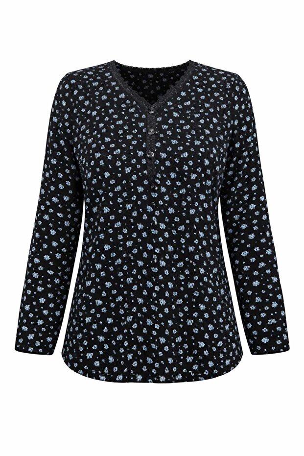 Women's Lycra Middle Age and Above Four Seasons Black-Blue Mother Combed Cotton Blouse New Season Floral Patterned