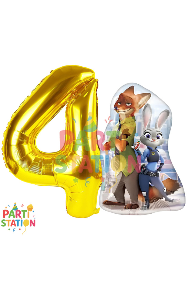 Zootopia Themed 4 Year Old Foil Balloon Set | Golden Figure & Nick Judy Balloon