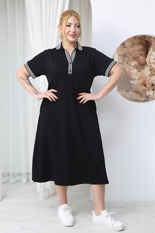 Plus Size Polo Collar Dress with Piping Detail