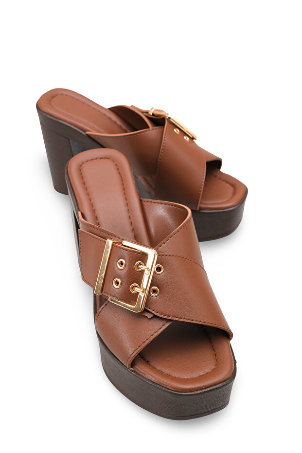 Galivena Brown Women's Buckle Detailed Double Cross Strap Stylish Comfortable Casual Platform High Thick Heeled Slippers
