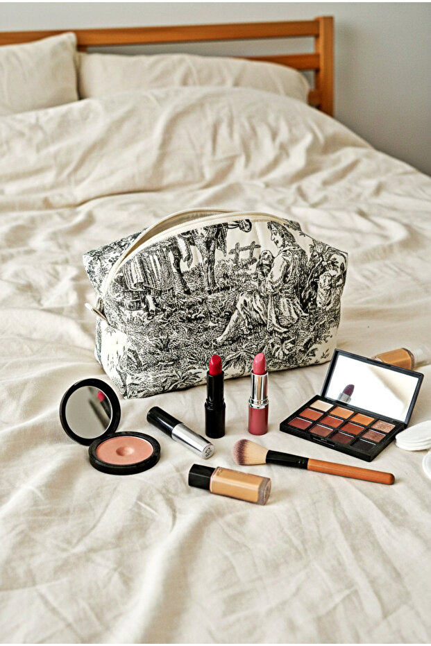 French Toile Pattern Quilted Makeup Bag – Zippered, for Daily and Travel Use