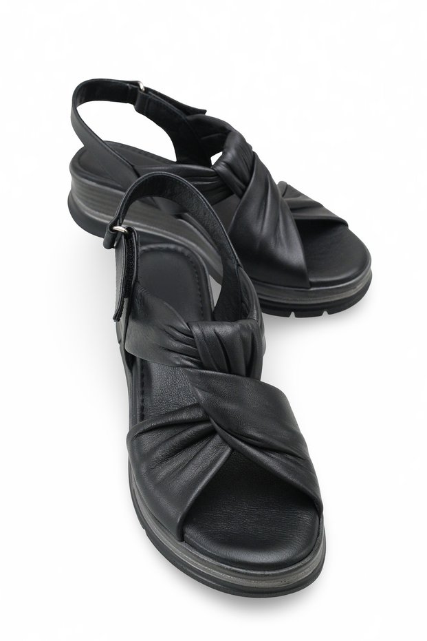 Belavavia Black Women's Knot Detailed Daily Comfortable Sole Stylish Casual Genuine Leather Sandals