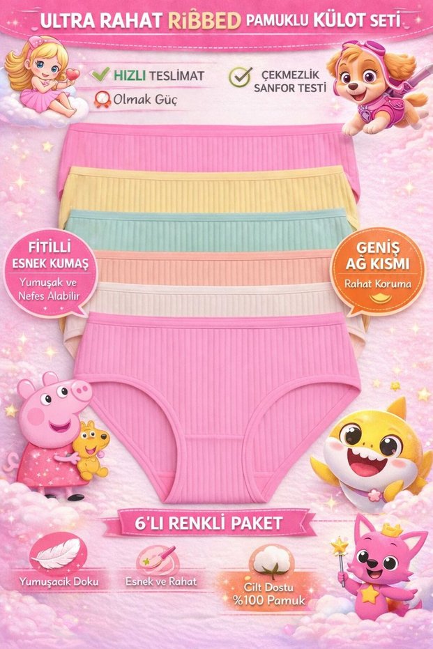 100% Cotton Girls' Underwear – Ribbed Flexible Fabric, Sanfor Tested, Pack of 6