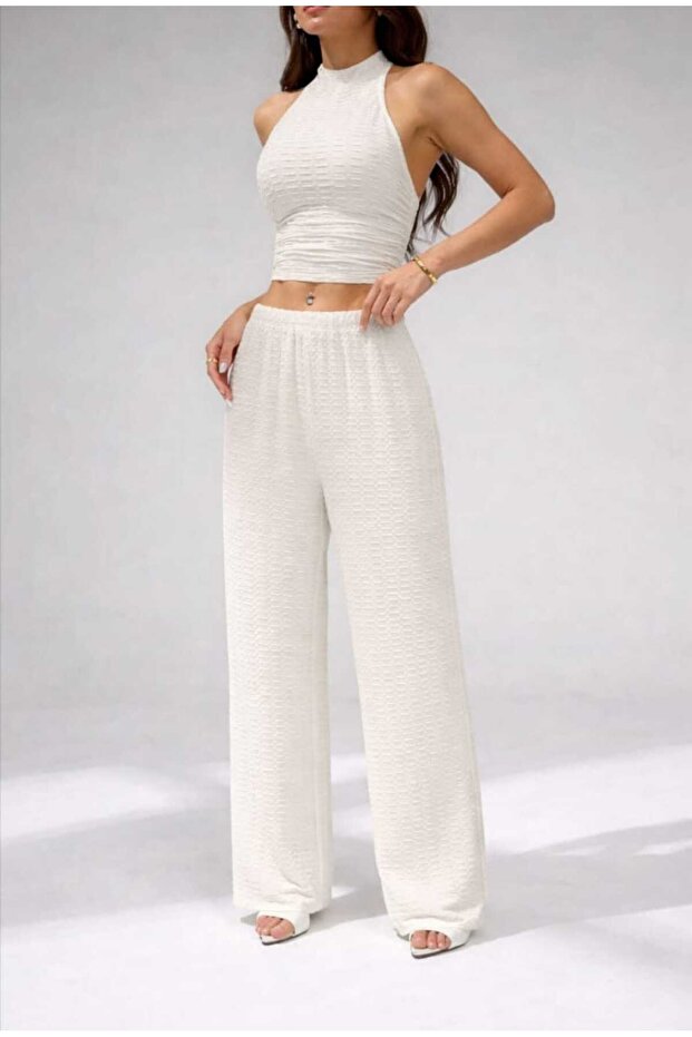 Women's Halter Neck Crop Blouse and Wide Leg Pants Set