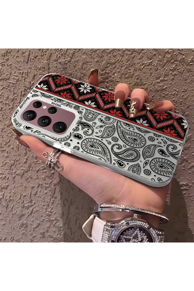 Samsung Galaxy S22 Ultra Compatible Kilim Patterned Silicone Edge Hard Back Anti-Fall Phone Case
