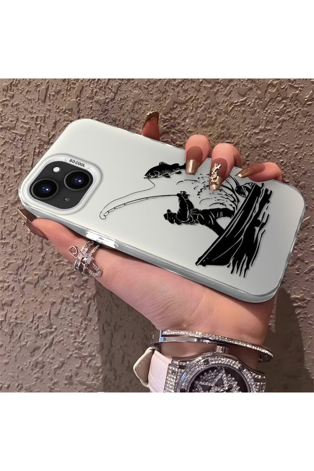 iPhone 13 Compatible Silicone Edge Hard Back Anti-Fall Phone Case Fishing Pattern