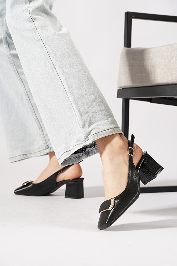 Dorfede striped patent leather buckle back open women's shoes black patent leather