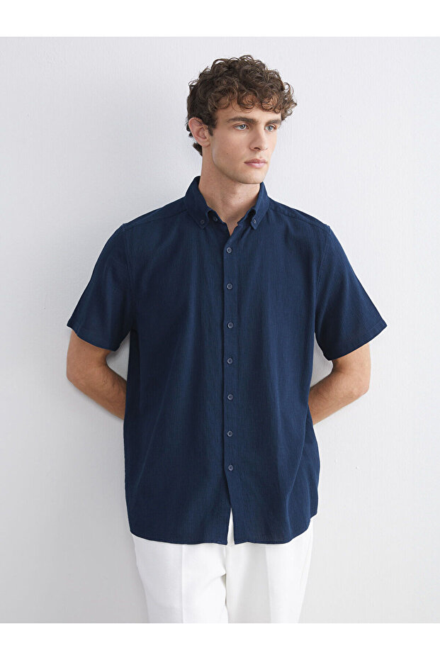 Navy Blue Regular Fit Short Sleeve Dobby Men's Shirt from Plus-Store