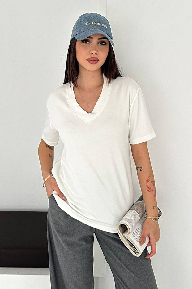 V Yaka Kısa Kollu Tişört – Basic - 1