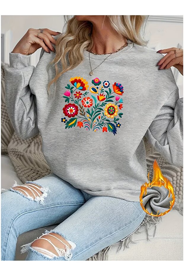 Women's Anatolian Flowers Printed Oversize Crew Neck Sweatshirt