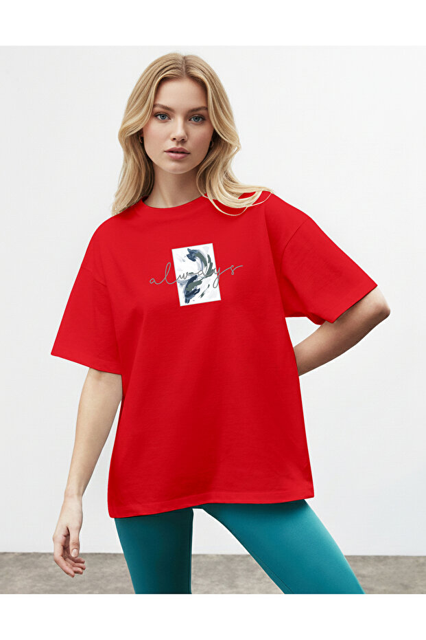 Women's Oversize Alvays Printed Red T-Shirt