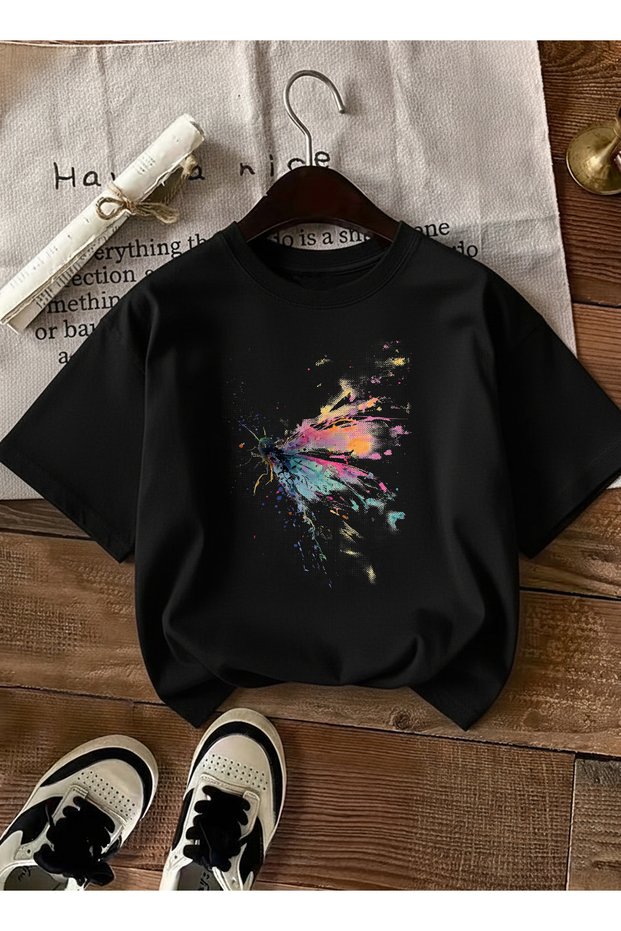 Women's Oversize Colorful Caterpillar Printed Black T-Shirt
