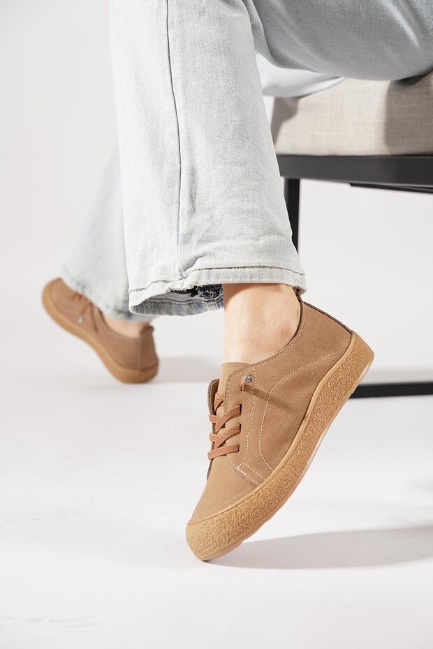 Mertev Rubber Tied Toe Genuine Leather Women's Shoes Beige Nubuck
