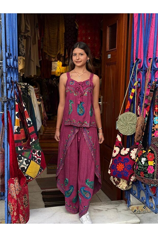Pink Color Embroidered Pants and Blouse Set