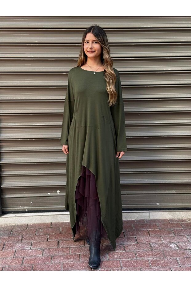 Khaki Asymmetrical Maxi Long Tunic