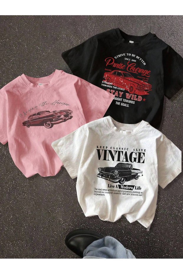 Unisex Vintage Cars Printed 3-Piece Oversize T-Shirt 3-Pack