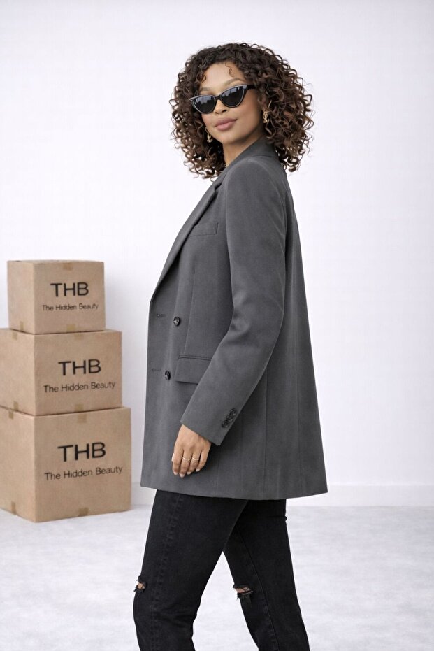Kadın Oversize Çift Düğme Blazer Ceket - 3