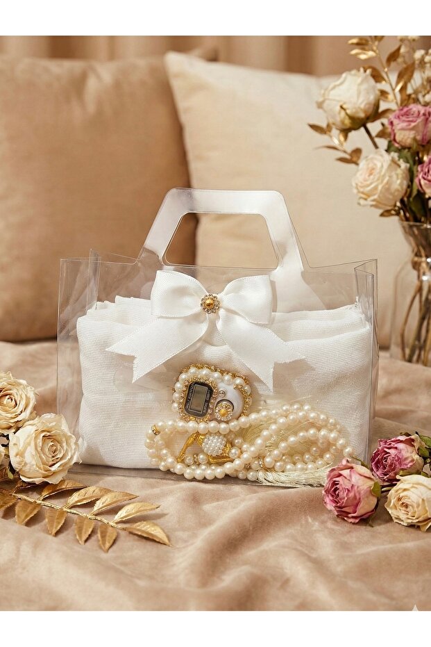 Gift Set with Acetate Bag - Cotton Shawl, Pearl Prayer Beads, and Stone Zikirmatik - Cream