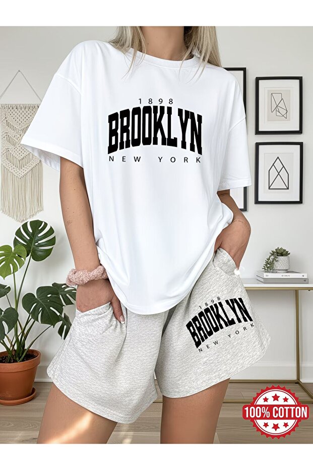Unisex Brooklyn 1898 Printed Special Design Oversize T-Shirt and Shorts - Top and Bottom Set