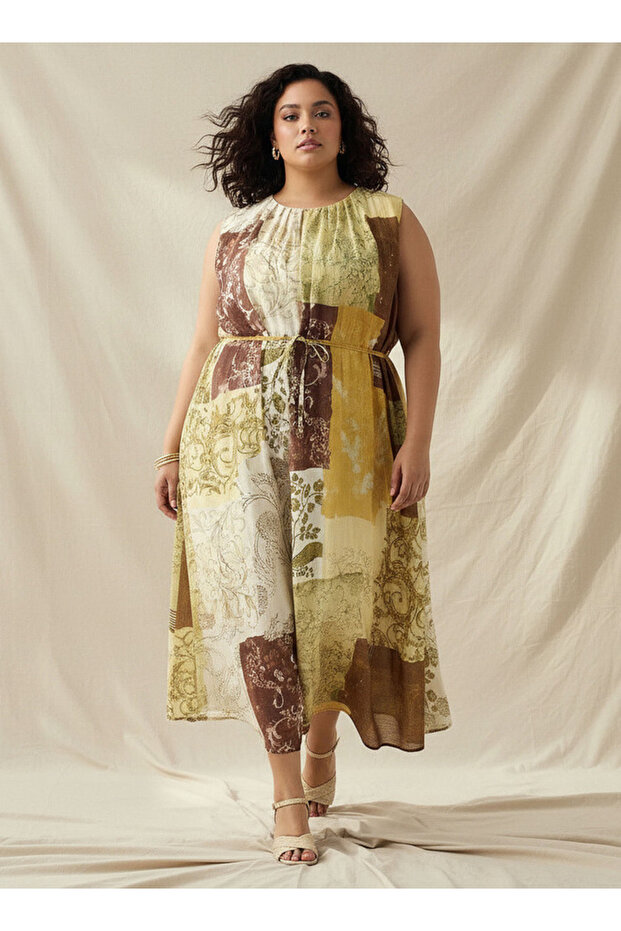 Patch Print A-line Women Dress with Belt