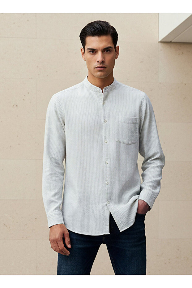 Men Regular Fit Mandarin Collar Striped Long Sleeves Shirt