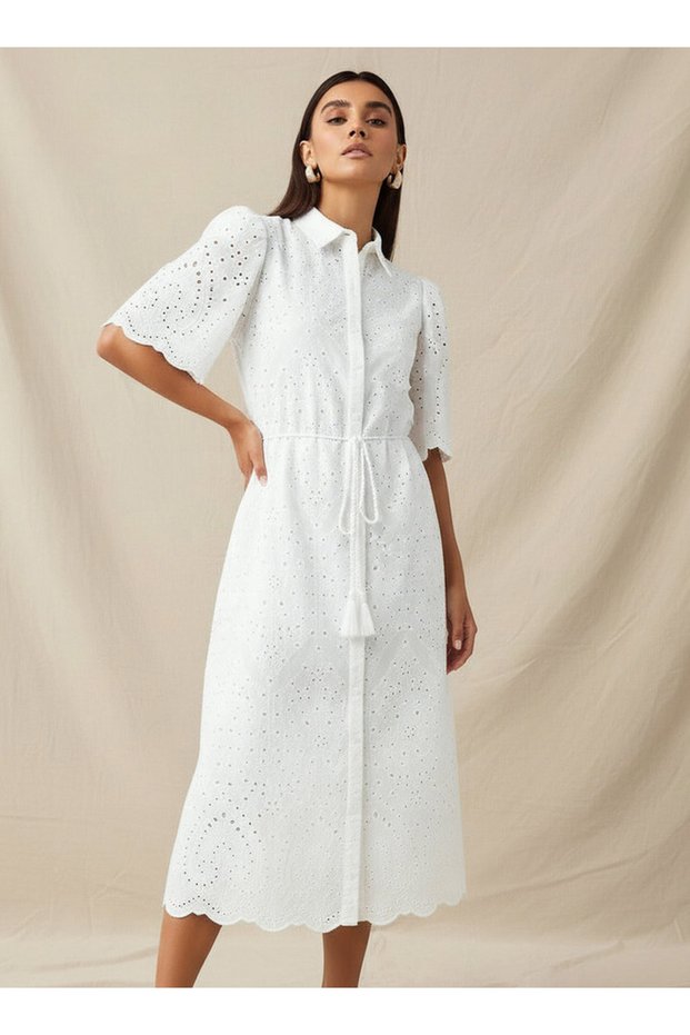 Schiffili Embroidered Women Shirt Dress with Tie-Up Belt Cotton