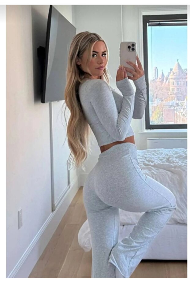 Elastic Waistband, Fingerless Long-Sleeved Crop Top + Flared Leggings Set