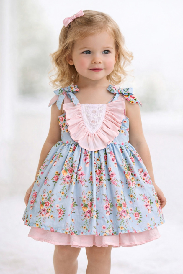 Girl's Blue Floral Strap Dress Ruffle Lace Detailed Summer Cotton Dress