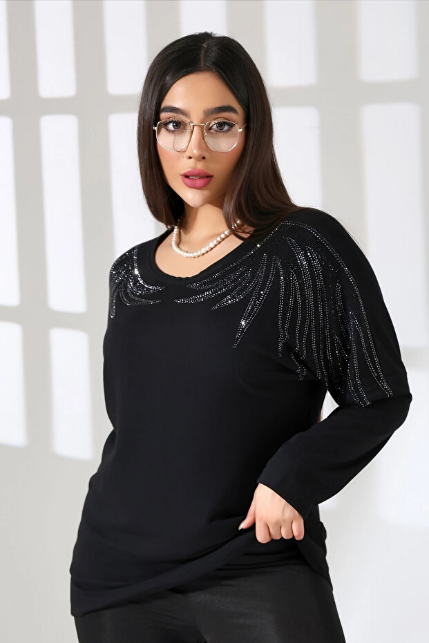 Women's Black Crew Neck Shoulders Crystal Stone Embroidered Lycra Stretchy Bodysuit
