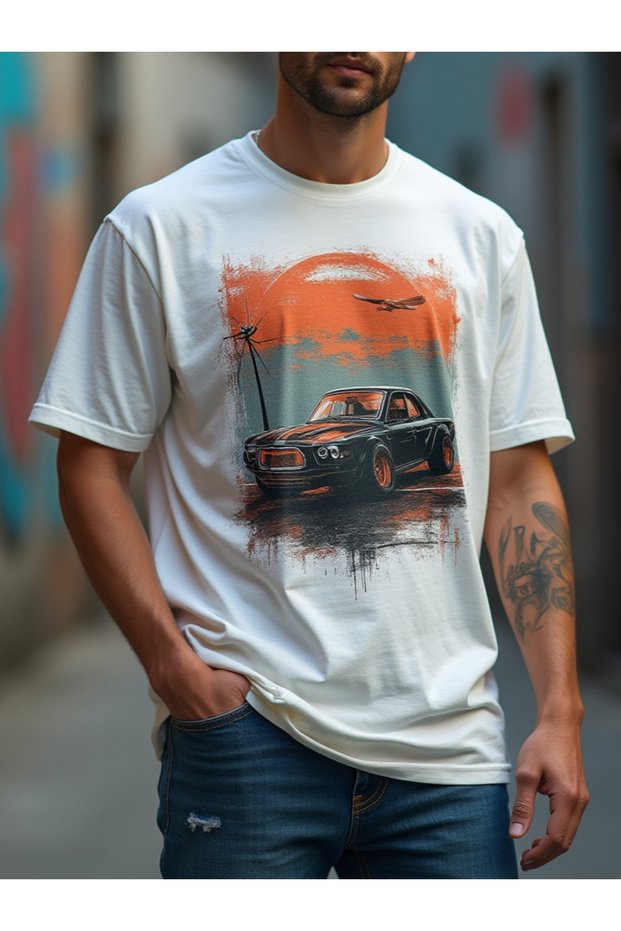 Unisex 100% Cotton White T-Shirt Classic Car Printed Retro Streetwear