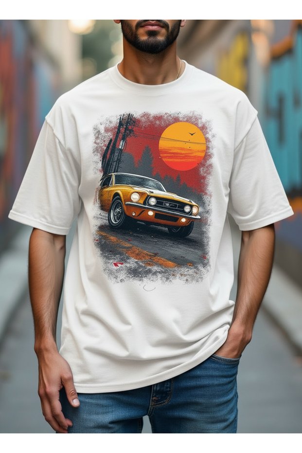 Unisex 100% Cotton White T-Shirt Retro Car Printed Sunset Streetwear