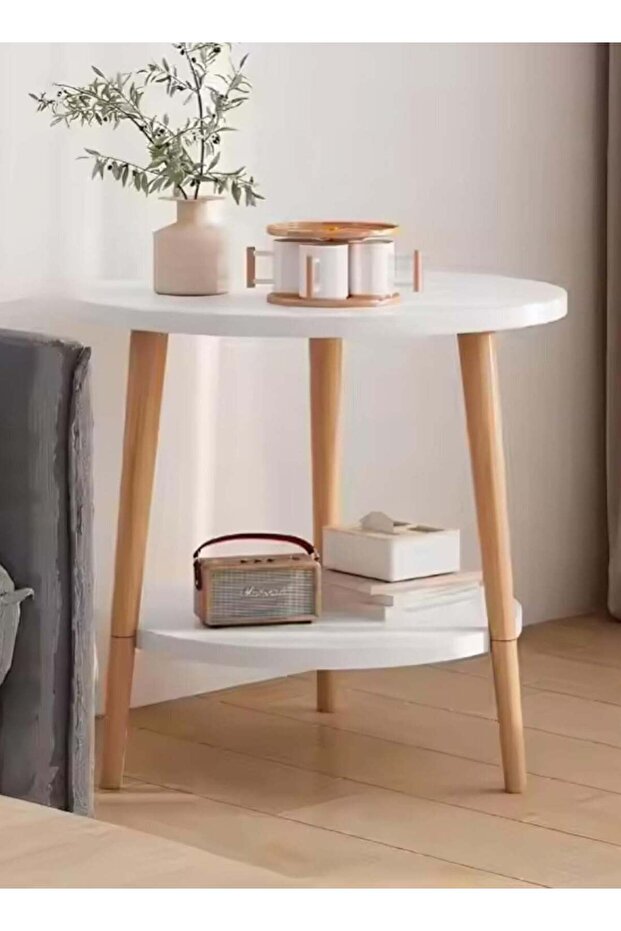 Maanys 2-Layer Round Coffee Table, 60*60cm Small Sofa Side Table with Storage Shelf, Easy Assembly,