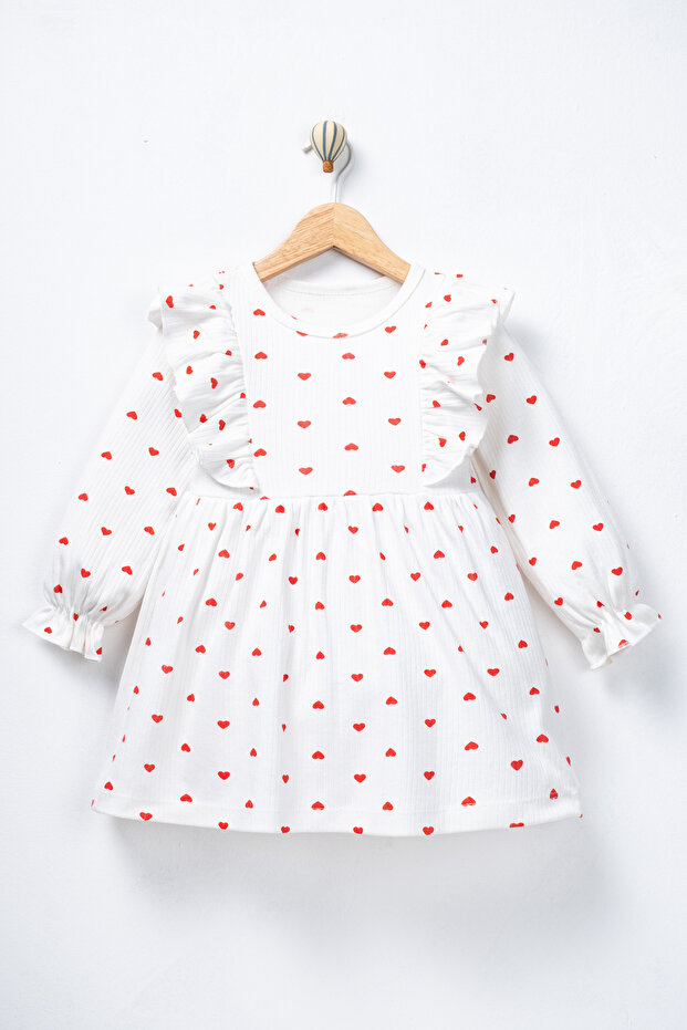 Girl's Heart Patterned Long Sleeve 100% Cotton Dress