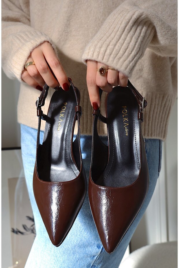 Sole Pointed Toe Single Strap Buckle Heeled Women's Shoes Patent Leather Bitter Brown