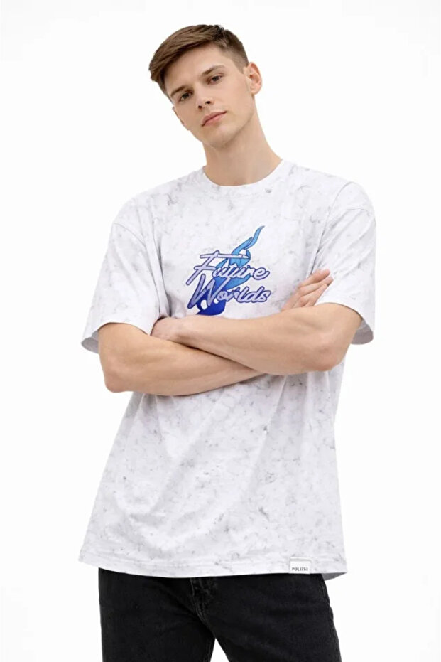 Men's Acid Washed Oversize T-Shirt Future Worlds Printed Crew Neck Short Sleeve Stree