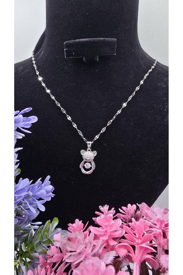 Zircon Stone Detailed Teddy Bear Themed Silver Color Steel Anti-Tarnish Necklace