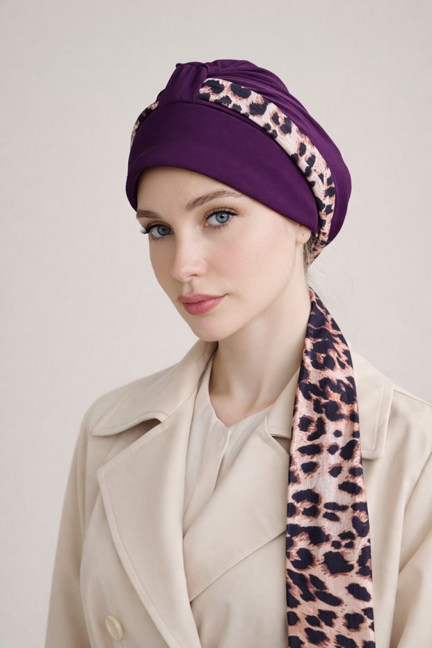Ready-To-Wear Hijab with Scarf and Hat - Leopard Bonnet Shawl Scarf