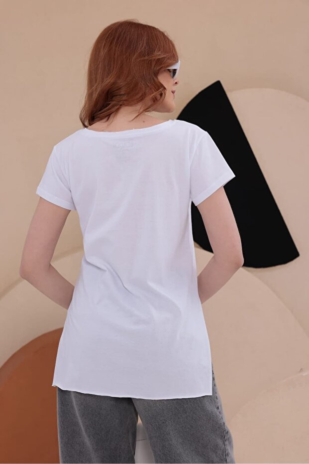 تي شيرت أساسي طويل بفتحة جانبية HKN34 - 2