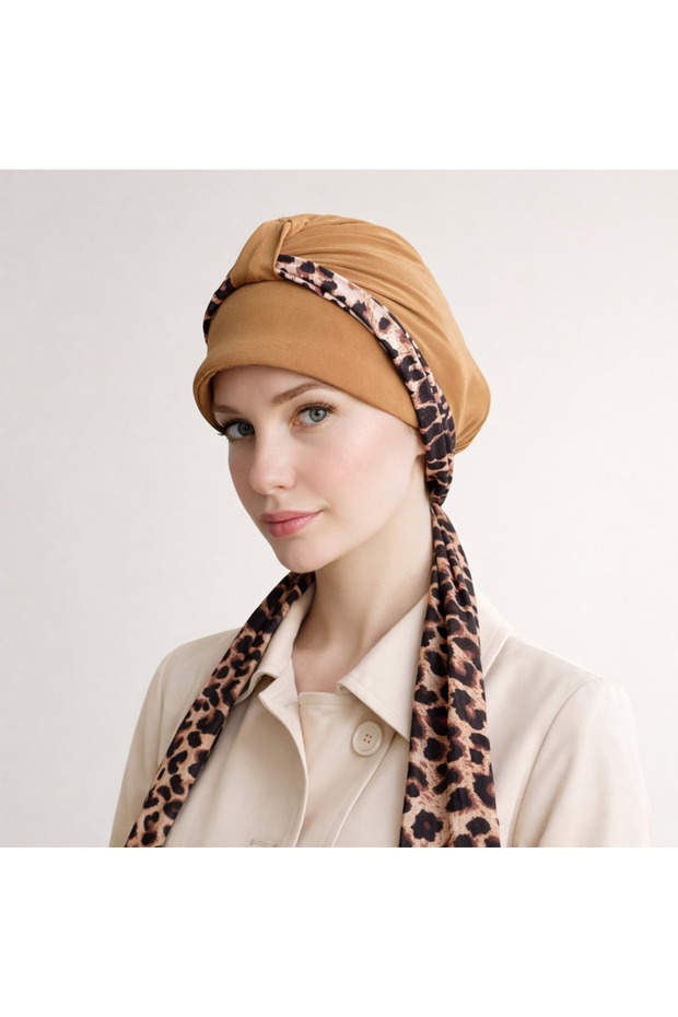 Ready-To-Wear Hijab with Scarf and Hat - Leopard Bonnet Shawl Scarf