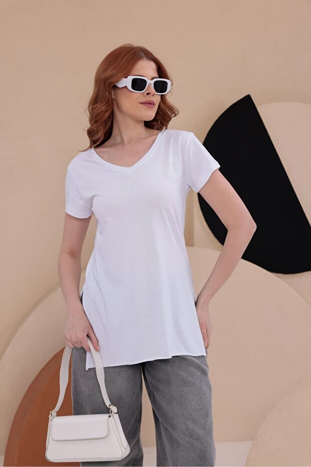 تي شيرت أساسي طويل بفتحة جانبية HKN34 - 4