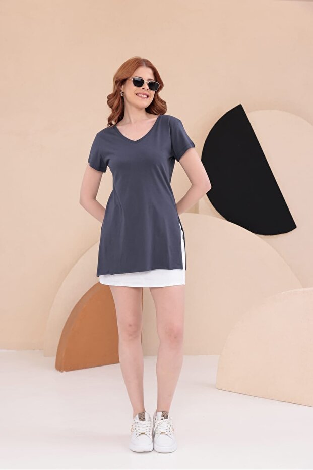 Slit Long Basic T-Shirt Hkn34 - 4