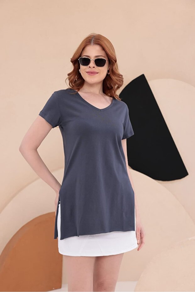 Slit Long Basic T-Shirt Hkn34 - 6