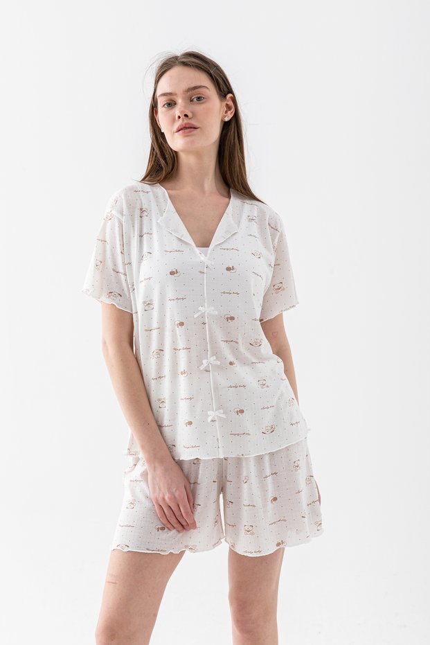 Women's Cotton Bowknot Detailed Shorts Pajama Set – Lightweight and Breathable Fabric