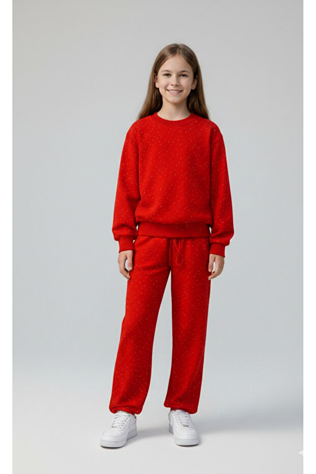 Girl's Cotton Stone Printed Long Sleeve Wide Leg Sweatpants Set