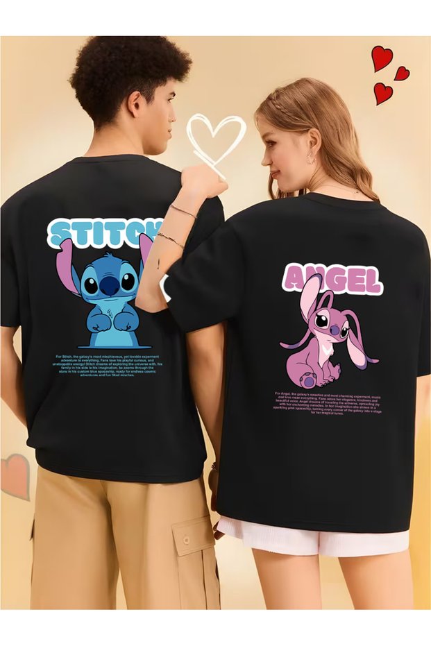 Unisex Cute Stitch Angel Back Printed Lover Couple Combination Design Oversize T-Shirt 2-Pack