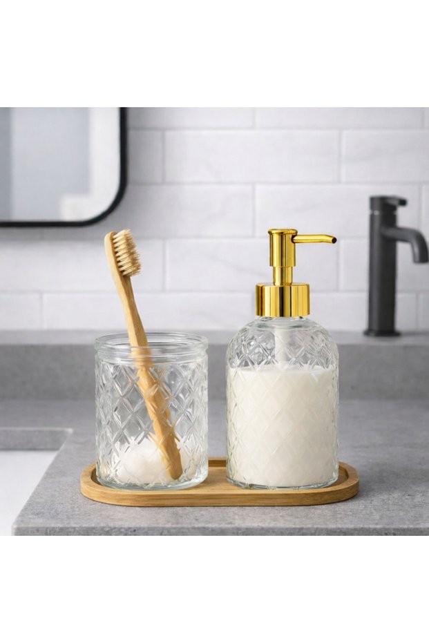 Glass Liquid Soap Dispenser and Toothbrush Holder Set with Bamboo Base 350 ml