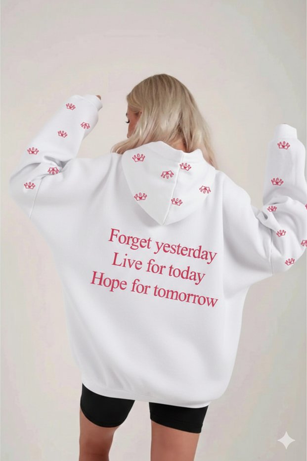Women's White Oversize Crown Printed Hooded Sweatshirt-Hoodie Premium