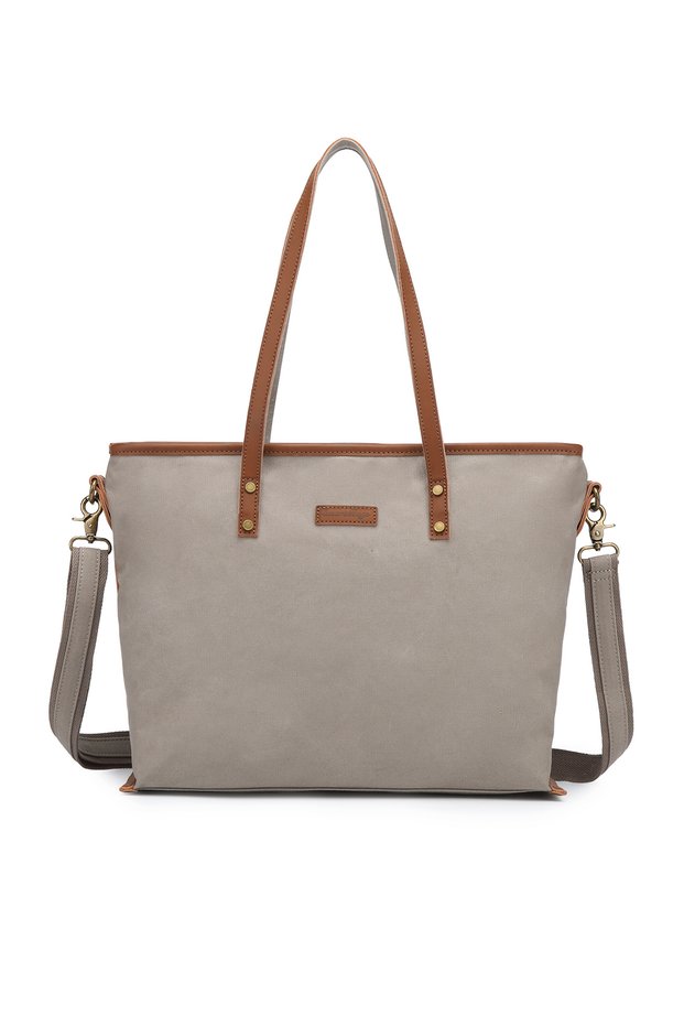 Smart Bags Dark Gray Women's Shoulder Bag Large Size Canvas Fabric with Genuine Leather Detail