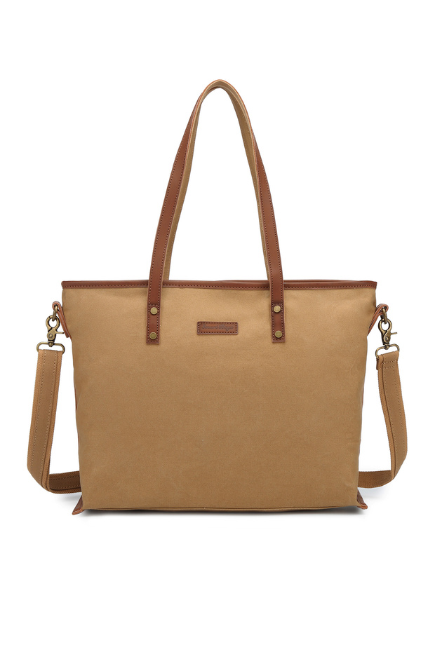 Smart Bags Camel Women's Shoulder Bag Large Size Canvas Fabric with Genuine Leather Detail